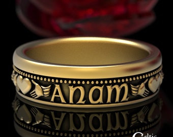 10K Gold Irish Soulmate Ring, White Gold Modern Claddagh Wedding Band, 14K Mo Anam Cara Rings, 18K Men's Classic Handfasting Ring, 1542