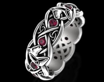 Ruby Horse Knotwork Ring, Silver Horseback Riding Ring, Sterling Horse Wedding Ring, Stallion Ring, Womens Horse Jewelry, Irish Ring, 3113
