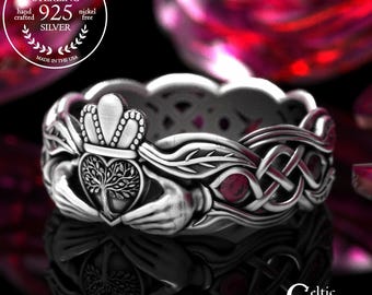 Ladies Ruby Heart Claddagh Band, Sterling Ireland Botanical Crown Ring, Silver Forest Tree Wedding Ring, Scottish Leaves Knotwork Ring, 2041