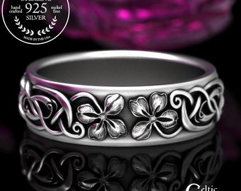 Men's Sterling 4 Leaf Clover Ring, Silver Irish Luck Plant Ring, Groom Celtic Shamrock Wedding Ring, Scottish Botanical Anniversary, 2066
