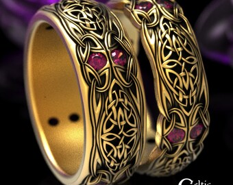Matching Ruby Celtic Ring Set, Gold Matching Irish Wedding Bands, Matching Ruby Gold Rings, His Hers Celtic Rings, Platinum, 1468 1804