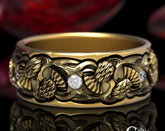 Moissanite & Gold Thistle Ring, Gold/Platinum Scottish Wedding Ring, Wide Men Ring, Moissanite Gold Ring, Celtic Wedding Ring, 1472