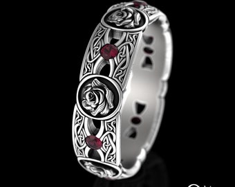 Womens Ruby Celtic Rose Wedding Ring, Sterling Irish Rose Wedding Ring, Silver Rose Flower Ring, Botanical Ruby Irish Wedding Band, 3046