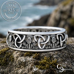 Sterling Simple Celtic Ring, Classic Scottish Thistle Ring, Silver Irish Trinity Symbol Wedding Band, Intricate Welsh Pattern Jewelry, 1811