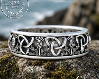 Sterling Simple Celtic Ring, Classic Scottish Thistle Ring, Silver Irish Trinity Symbol Wedding Band, Intricate Welsh Pattern Jewelry, 1811
