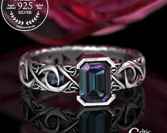 Sterling Bezel Celtic Engagement Ring with Emerald-Cut Alexandrite Center Stone, Silver Scottish Bridal Rectangle Wedding Ring, 4068