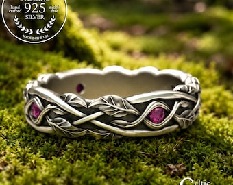 Ruby Bridal Leaves & Twigs Wedding Band, Sterling Sapphire Botanical Garden Ring, Scottish Woman's Silver Braided Forest Marriage Ring, 2052
