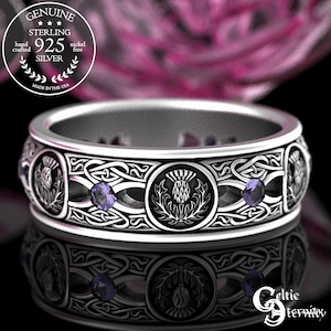 Amethyst Thistle Heart Ring, Sterling Thistle Wedding Band, Mens Scottish Thistle Ring, Silver Irish Thistle Ring, Celtic Thistle Ring, 4409