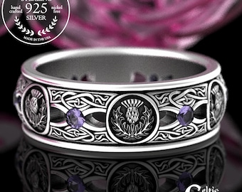 Amethyst Thistle Heart Ring, Sterling Thistle Wedding Band, Mens Scottish Thistle Ring, Silver Irish Thistle Ring, Celtic Thistle Ring, 4409