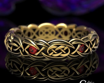 Gold Tribal Knotwork Ring, Gold Ruby Wedding Ring, Tribal Wedding Band, Womans Tribal Ring, Narrow Women Ring, Unique Gold Ring, 1598