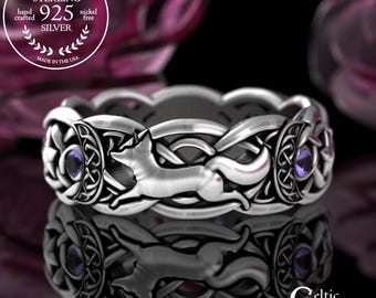 Amethyst Magic Moons & Fox Ring, Sterling Celestial Wedding Ring, Silver Witch Arcane Ring, Heavenly Goddess Ring, Starlight Ring, 3279