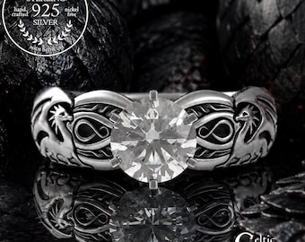 1 Carat Mother of Dragons Solitaire Ring, Sterling Moissanite Dragon Engagement, Womens Bridal Ring, Silver Irish Dragon Wedding Ring, 3185