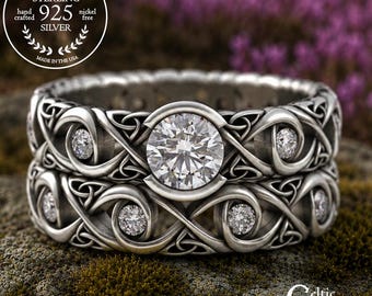 Infinity Knotwork Engagement & Wedding Band Set, Sterling Celtic Moissanite Bridal Set, Silver Irish Matching Wedding Set Woman, 1741 4043