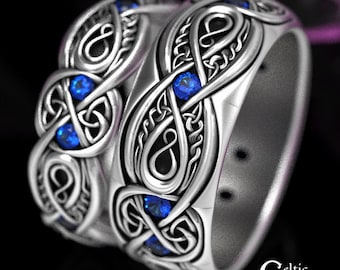Sterling Silver & Sapphire Trinity Ring Set, Irish Gemstone Knotwork Rings, Elegant Celtic Wedding Rings, Handfasting Band Set, 1411 1642