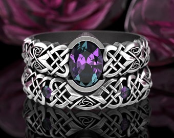 Alexandrite Bridal Ring Set, Sterling Matching Celtic Engagement Ring, Silver Irish Engagement Ring Set, Womens Heart Knotwork, 3018 3017