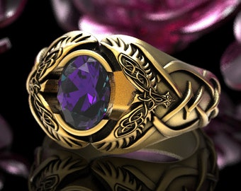 Alexandrite Gold Raven Ring, 10K 14K Viking Mens Wedding Ring, Viking Alexandrite Ring, Viking Raven Ring, 10K Gold Celtic Raven Ring, 1477