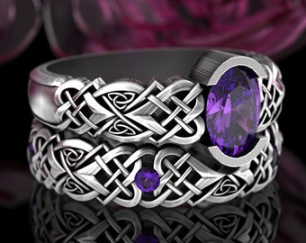 Sterling Fitted Engagement Ring Set, Amethyst Matching Celtic Wedding Ring Set, Silver Irish Wedding Band, Bridal Ring Set, 3018 3017