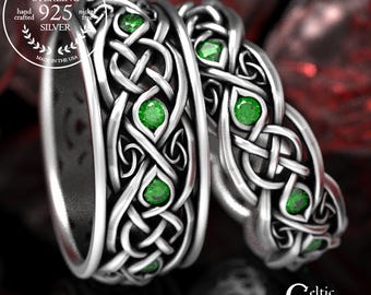 Infinity Celtic Rings, Emerald & Sterling Silver Wedding Band, Wedding Ring Sets, Silver Matching Rings, Celtic Wedding Bands, 1096 + 1052