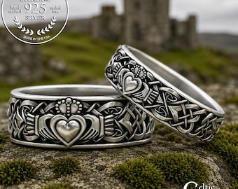 Sterling Silver Claddagh Ring Set, His Hers Claddagh Set, Matching Irish Heart Rings, Irish Wedding Band Set, Silver Claddagh, 1890 1891