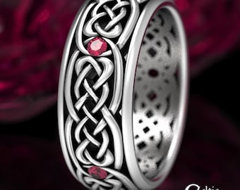 Modern Celtic Wedding Band, Mens Ruby Silver Wedding Band, Mens Celtic Ring, Sterling Silver Mens Ring, Mens Celtic Wedding Band, 1584