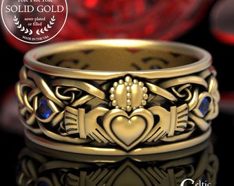 Gold Claddagh Ring with Sapphires, Modern Claddagh Wedding Ring, Celtic Gold Wedding Band, Irish Love Ring, Mens Claddagh Ring, 1688