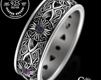 Sterling Alexandrite Cross Ring, Silver Celtic Faith Band, Men's Christian Wedding Ring, Religious Jewelry, Groom's Spiritual Ring, 3242