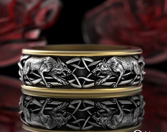 Groom's 2tone Direwolves Ring, Sterling & 10K Gold Man Wolves Wedding Band, Silver Gold Celtic Wolf Wedding Ring, Norse Wolf Ring, 4040