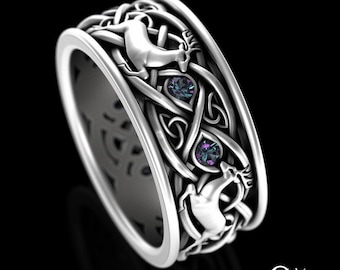 Mens Alexandrite Deer Ring, Sterling Celtic Alexandrite Wedding Band, Mens Deer Ring, Reindeer Jewelry, Mens Forest Ring, Antler Ring, 3127