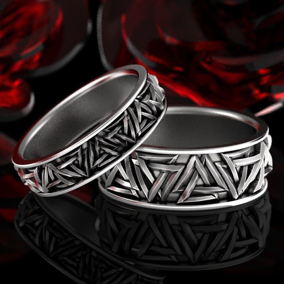Valknut Wedding Band Set Sterling Silver Interlocking Triangles