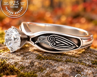 Moissanite Raven Engagement Ring, Sterling Viking Norse Solitaire Ring, Nordic Silver Odin Ravens Wedding Ring, Crow Bird Proposal, 3163