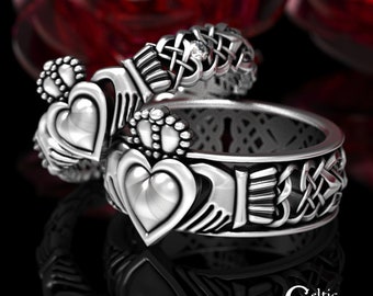 Sterling His Hers Claddagh Rings, Moissanite Claddagh Wedding Rings, Irish Love Rings, Claddagh Wedding Set, Matching Heart Rings, 1546 1545