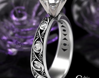 Celtic Moissanite Solitaire, Celtic Engagement Ring, Diamond Sterling Silver Wedding Ring, Celtic Knotwork Wedding Ring, Elvish Ring, 1429