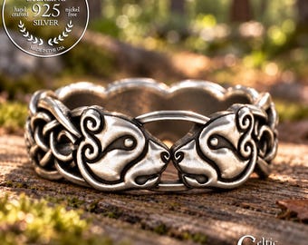 Sterling Woman's Bear Wedding Ring, Silver Viking Bears Ring, Norse Lady Bear Jewelry, 1192