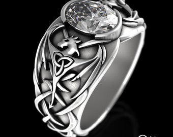 Sterling Silver & Moissanite Dragon Ring, Celtic Gemstone Draconid Ring, Heavy Irish Drake Ring, Mens Nordic Wyrm Wedding Ring,  3116