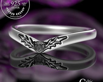Sterling Thistle Accent Ring for Engagement Set, Silver Irish Stacker Ring, Flower Chevron Ring, Stacking Wedding Band, Midi Ring, 3361