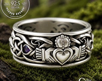 Mens Sterling Alexandrite Ring, Alexandrite Claddagh Ring, Mens Silver Claddagh Ring, Mens Celtic Alexandrite Wedding Ring, 1688