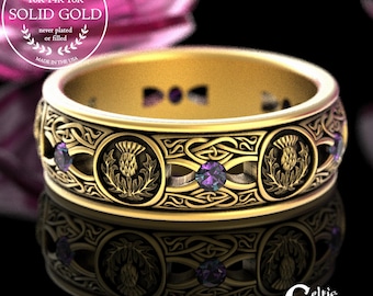 Alexandrite & Gold Thistle Wedding Band, 10K Alexandrite Scottish Ring, 10K Alexandrite Wedding Ring, 14K Gold Irish Thistle Ring, 4409