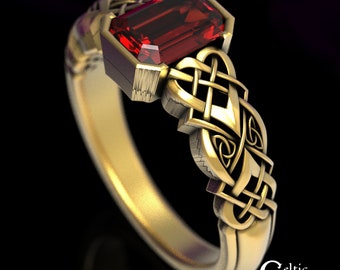 Ruby Emerald-Cut Engagement Ring, Gold Ruby Celtic Engagement Ring, Gold Irish Engagement Ring, White Gold Ruby Celtic Wedding Ring, 1657