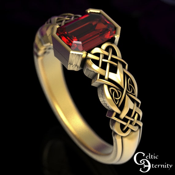 Ruby Emerald-Cut Engagement Ring, Gold Ruby Celtic Engagement Ring, Gold Irish Engagement Ring, White Gold Ruby Celtic Wedding Ring, 1657