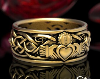 10K 14K Mens Gold Claddagh Ring, Modern Claddagh Wedding Ring, Celtic Gold Wedding Band, 18K Gold Irish Heart Ring, Mens Claddagh Ring, 1687