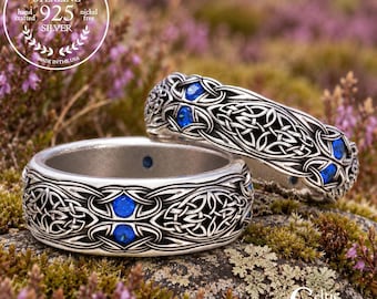 Sapphire Matching Ring Set, Sterling Celtic Wedding Ring Set, Celtic Matching Wedding Rings, Irish Matching Ring Set, Ring Set, 1468 1804