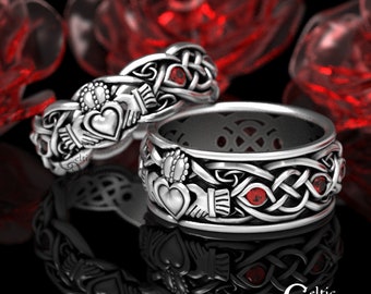 His Hers Sterling Claddagh Ring Set with Ruby, Modern Claddagh Wedding Rings, Matching Celtic Wedding Bands, Irish Love Rings, 1684 1688