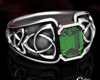 Emerald Cut Ring, Sterling Silver Celtic Ring, Emerald Engagement Ring, Men Statement Ring, Celtic Statement Ring, Silver Celtic Ring, 1531