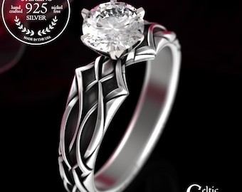 Sterling Diamond-Knot Bridal Celtic Engagement Ring, Moissanite Solitaire Irish Knotwork Ring, Angular Modern Wedding Ring, 3343