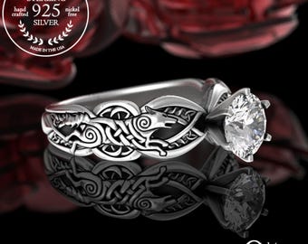 Sterling Silver Celtic Wolf Engagement Ring, Moissanite Viking Shadow Fang Solitaire, Silver Wolfkin Handfasting Ring, Mac Tíre Ring, 3177