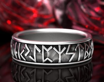 Sterling Silver Norse Runes Ring, Custom Phrase Rune Ring, Futhark Script Wedding Ring, Odins Letters Bespoke Handfasting Band, 1788