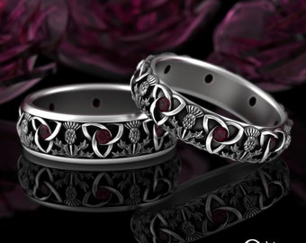 Scottish Trinity Wedding Rings, Sterling Ruby Celtic Thistle Set, His Hers Wedding Bands, Ruby Thistle Rings, Irish Handfasting, 4814 4813