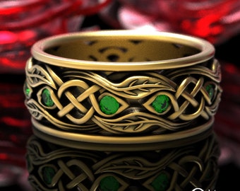 Gold & Emerald Scottish Nature Wedding Ring, 10K Botanical Wedding Band, 14K Celtic Leaves Ring, Platinum Pagan Handfasting Jewelry, 1964