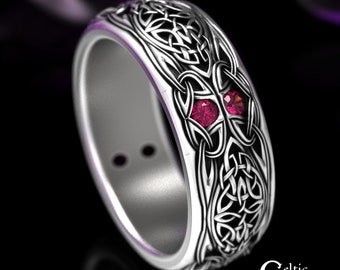 Ruby Knotwork Ring, Mens Sterling Silver Wedding Band, Ruby Celtic Wedding Band, Ruby Trinity Knot Ring, Irish Ruby Wedding Ring, 1804