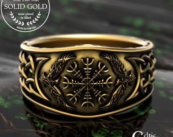 Gold Viking Signet Ring, White Gold Viking Wedding Band, Platinum Raven Ring, Gold Magical Jewelry, Platinum Pagan Ring, Viking Sigil, 1160